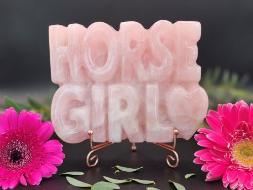 Rose quartz Horse Girl crystal carving on rose gold stand with black background
